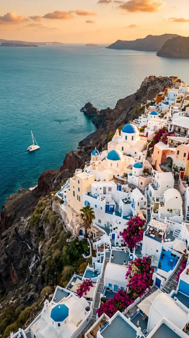 Golden-hour aerial view of Santorini