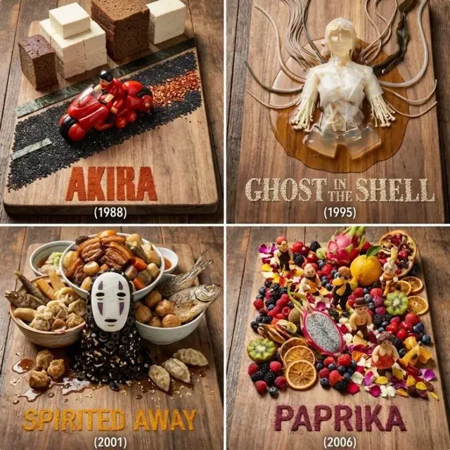 Miniature food art diorama on a wooden table