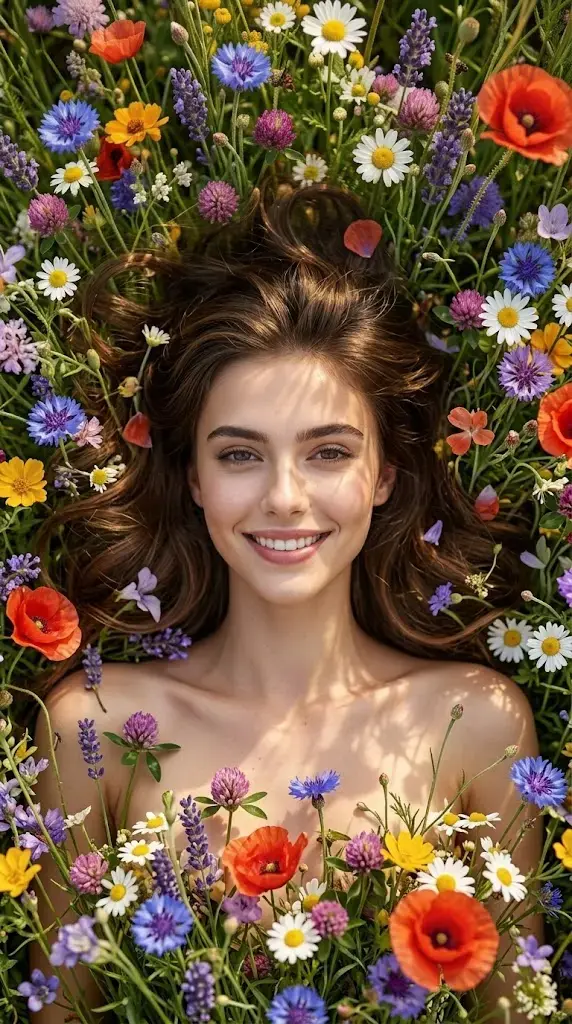 Woman smiling among colorful wildflowers