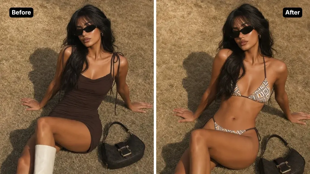 Before-and-after comparison of the same model styled in a different outfit using AI image editing on NovaImage AI