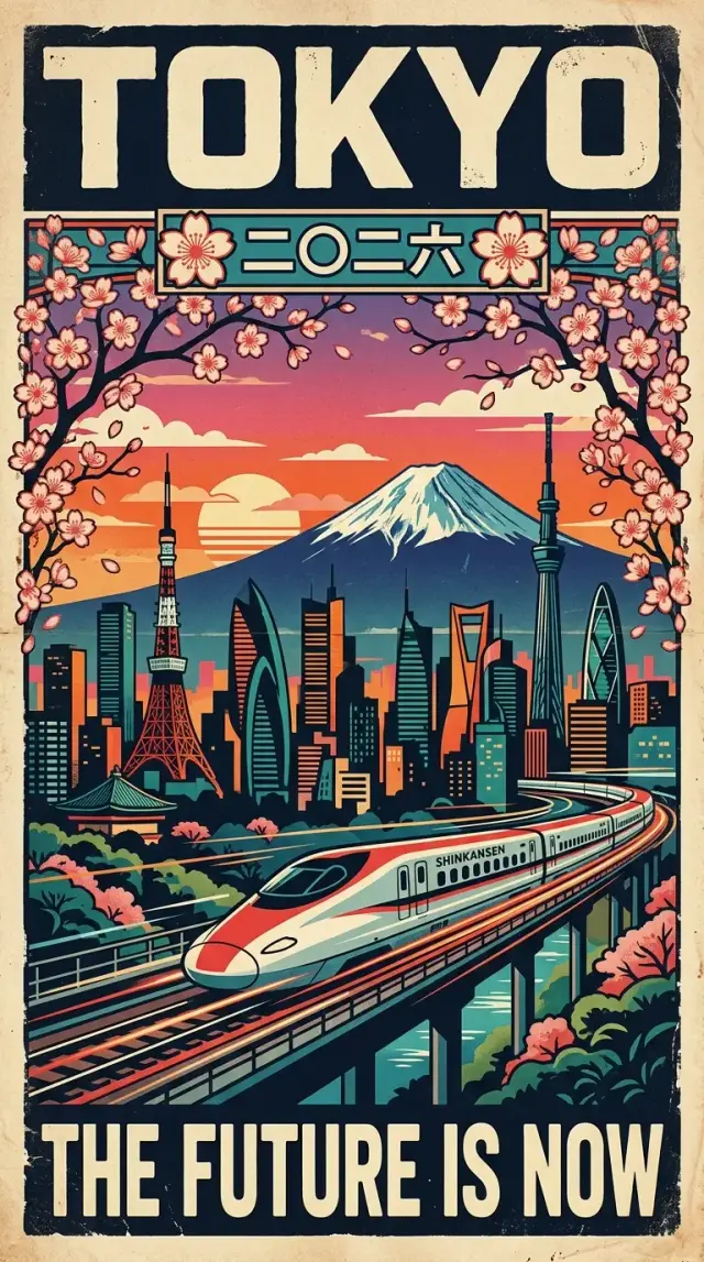 Vintage illustrated travel poster for Tokyo