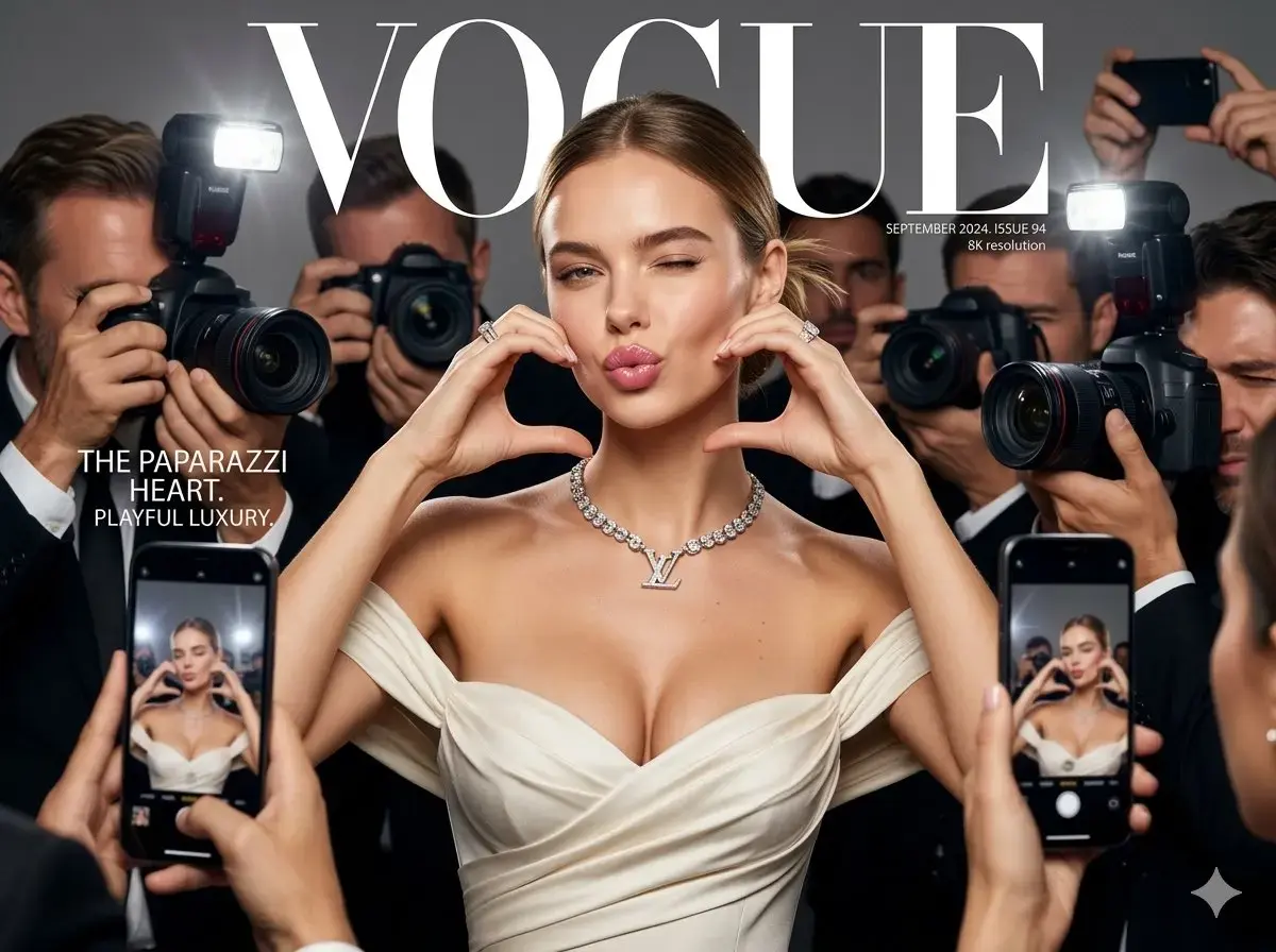 AI-generated Vogue-style magazine cover of a model surrounded by paparazzi photographers, created entirely from a text prompt on NovaImage AI