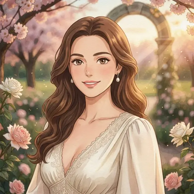 Hand-drawn woman in a dreamy flower garden