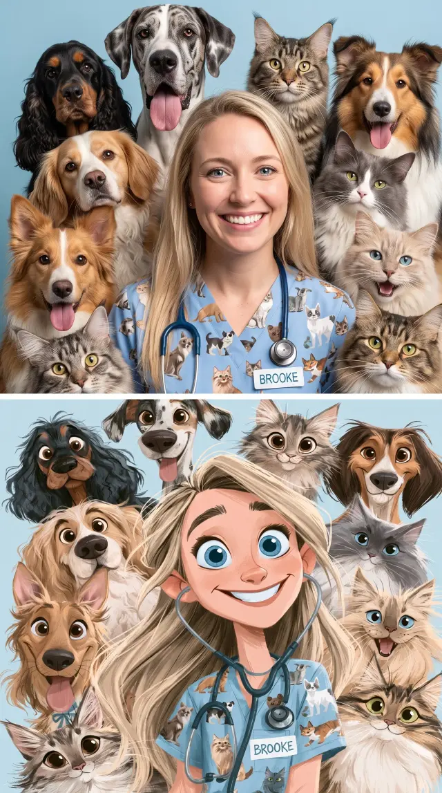 Realistic and animated veterinary character comparison