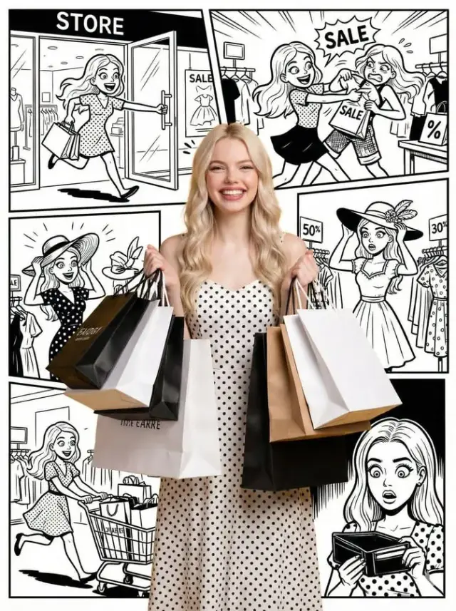 Photorealistic woman surrounded by a comic shopping story